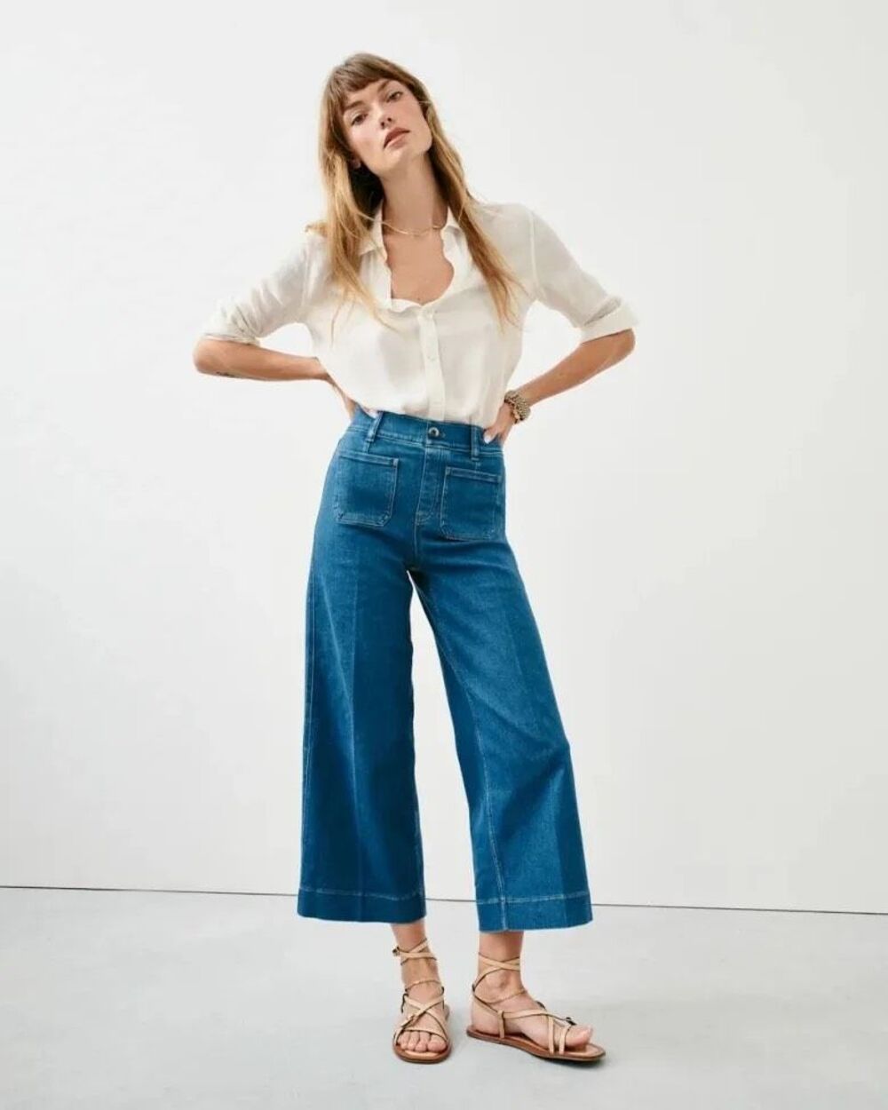 SPANX EveryWear Cropped Wide Leg Patch Pocket Pull On Jeans Blue Size L